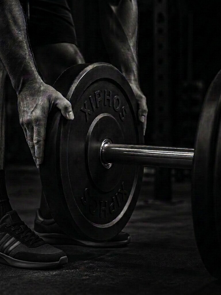 Xiphos weight plate being loaded onto a barbell